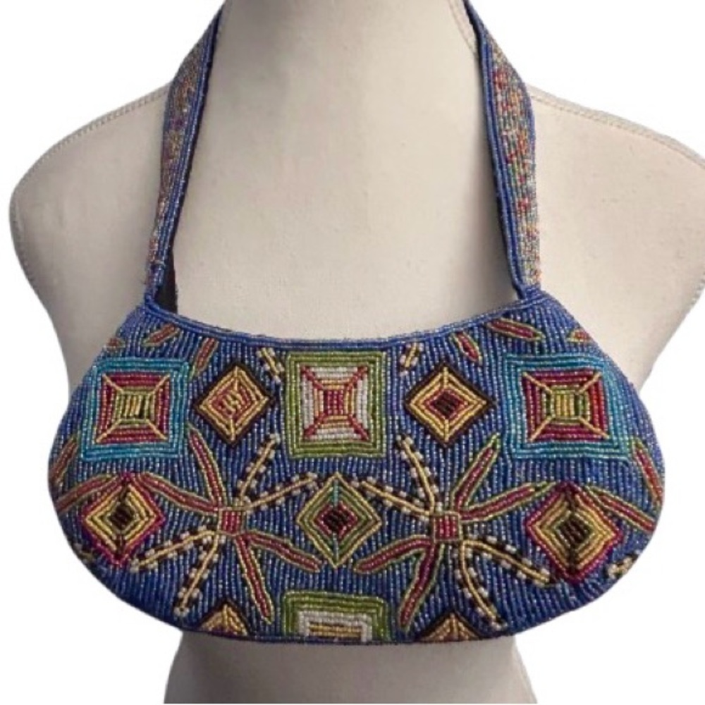 Vintage Beaded Purse Blue Red Native American Floral Boho Handbag Green Yellow